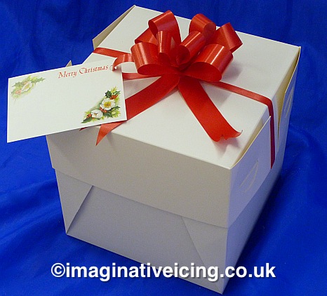 Now in stock! at Imaginative Icing York and Scarborough UK Shops - Ready Made Fully iced & decorated Christmas Cake Christmas Table with handmade sugar models of a roasted Turkey, Christmas Cake, Christmas Cracker, Christmas Pudding and Napkin - gift boxed with gift tag