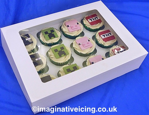12 Minecraft themed cupcakes boxed