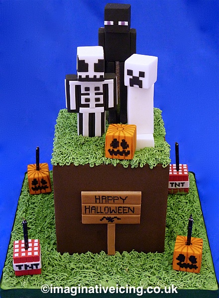 Halloween Minecraft Cake, grass cube, skeleton, square pumpkins, ghost creeper, tnt, Enderman