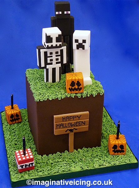 Halloween Minecraft Cake, grass cube, skeleton, square pumpkins, ghost creeper, tnt, Enderman
